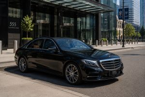 Corporate hourly car service San Francisco Financial District — BNG executive black car waiting outside office