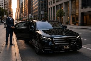  Hourly car service San Francisco — BNG Worldwide luxury Mercedes waiting at Financial District
